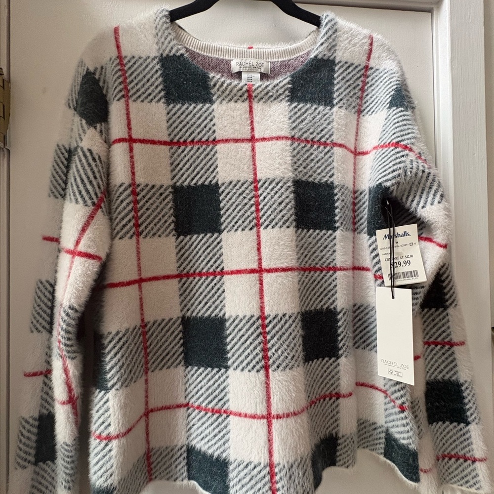 Rachel Zoe Plaid Sweater in Hunter Green, Cream, and Red